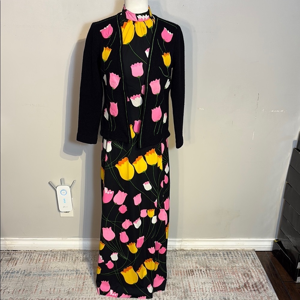 Vintage Rare Black and Pink Tulip Motif Halter gown with matching bolero sweater